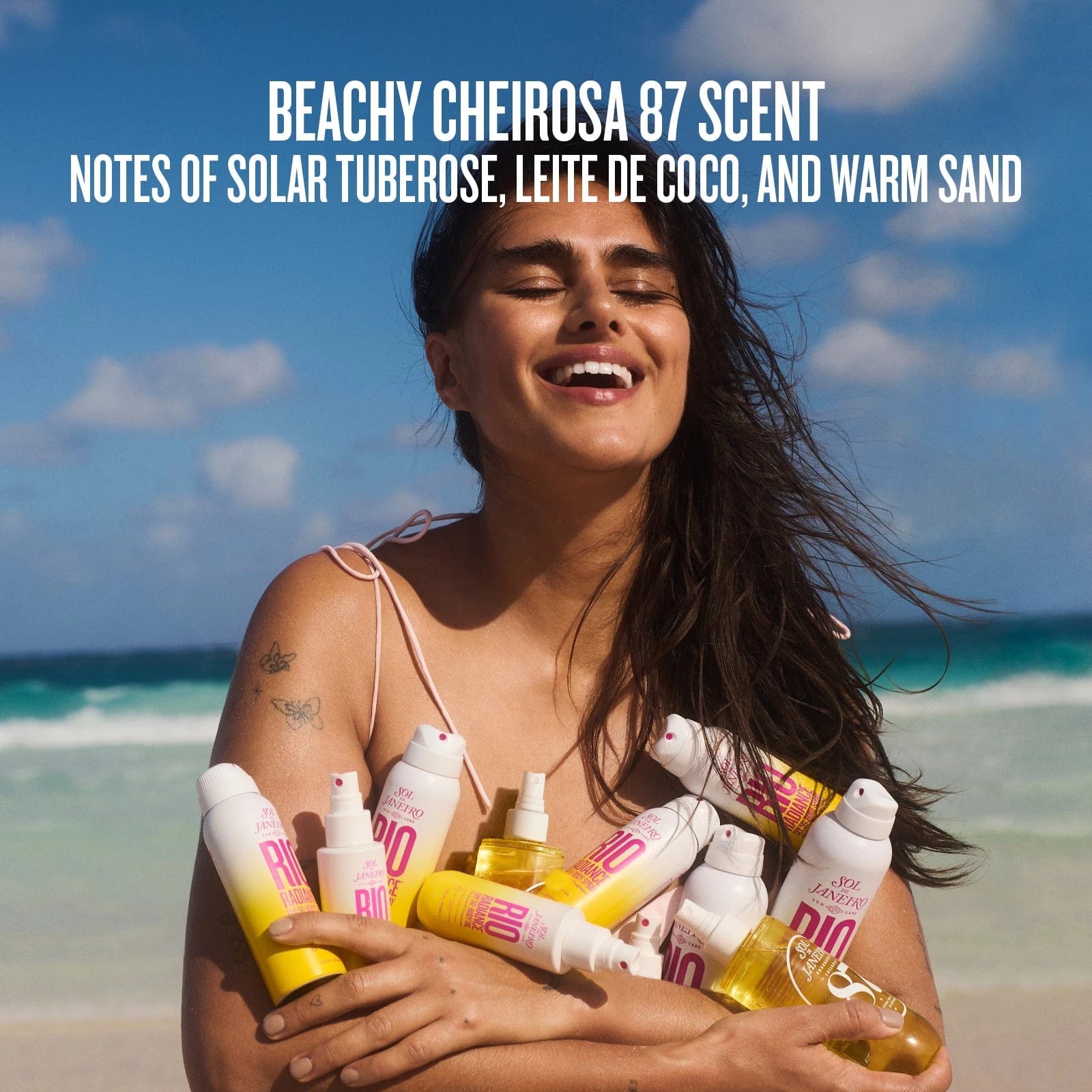 Beachy cheirosa 87 scent notes of solar tuberose, leite de coco, and warm sand