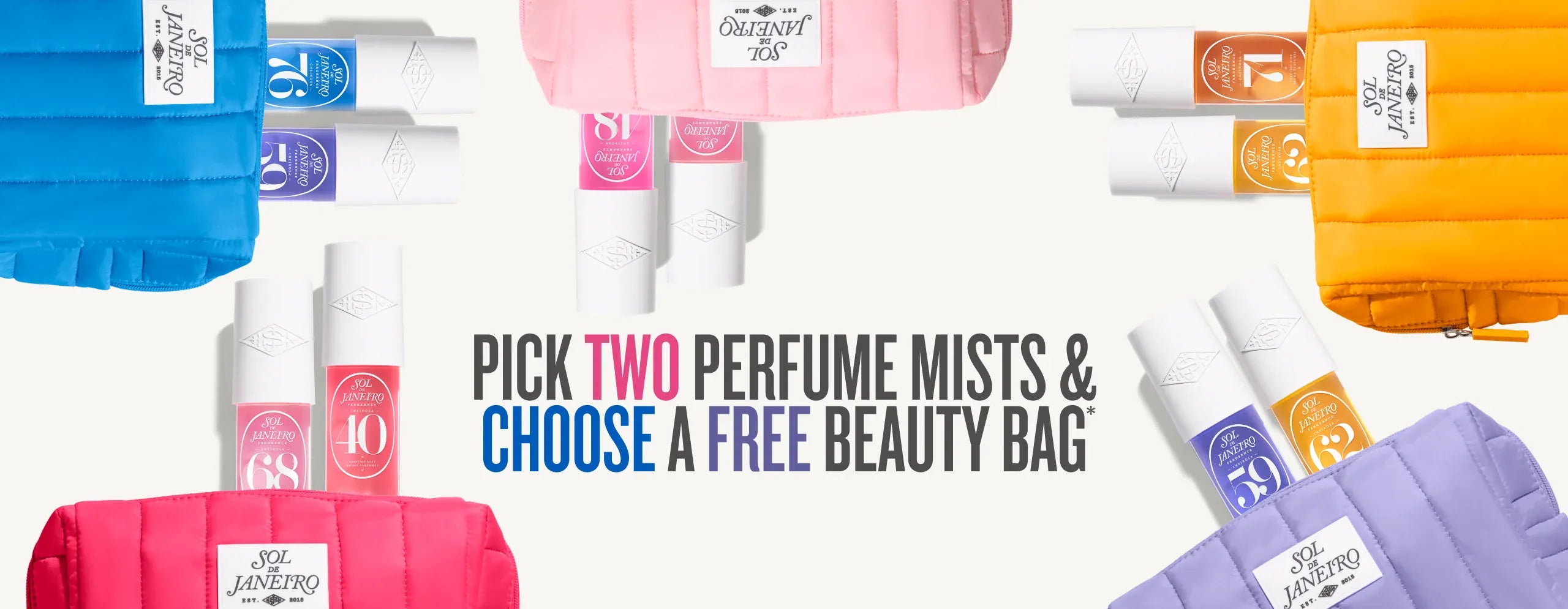 Collection of perfume mists with promotional text overlay. Text on image reads pick two perfume mists & choose a free beauty bag*