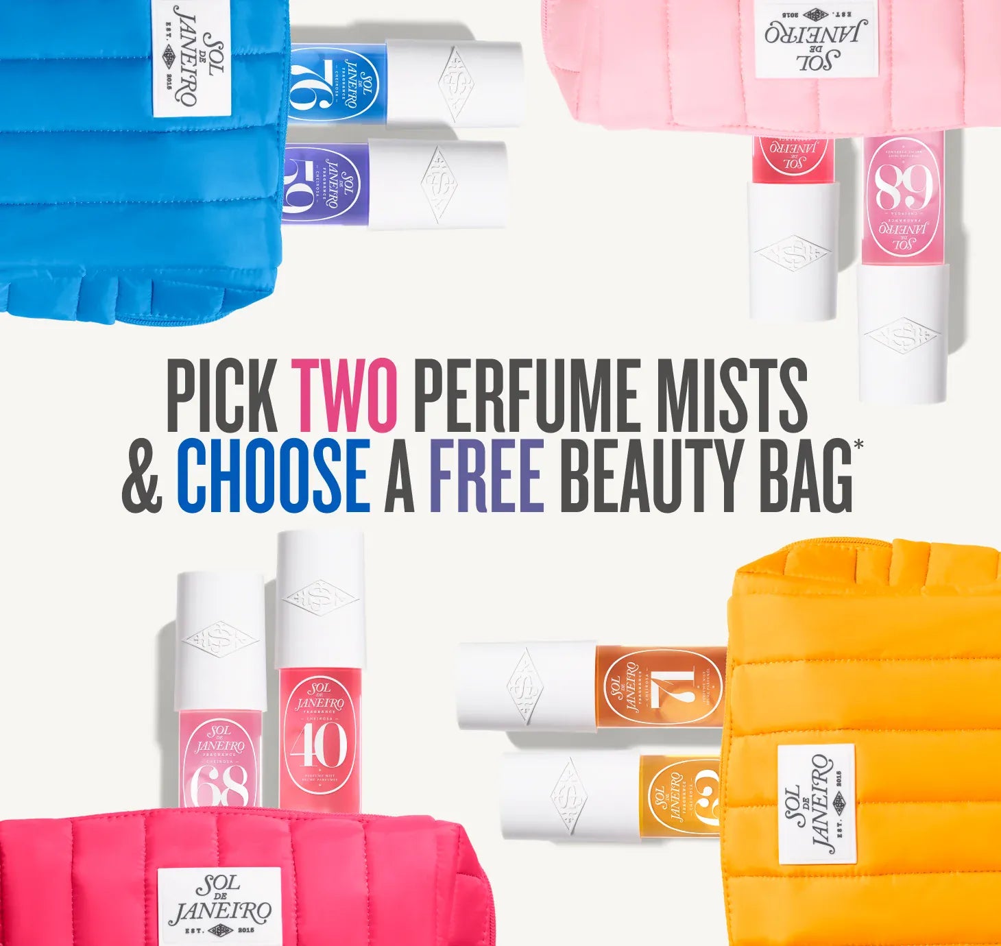 Collection of perfume mists with promotional text overlay. Text on image reads pick two perfume mists & choose a free beauty bag*