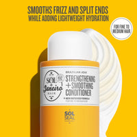 Sol de Janeiro hair conditioner bottle with text on a yellow background