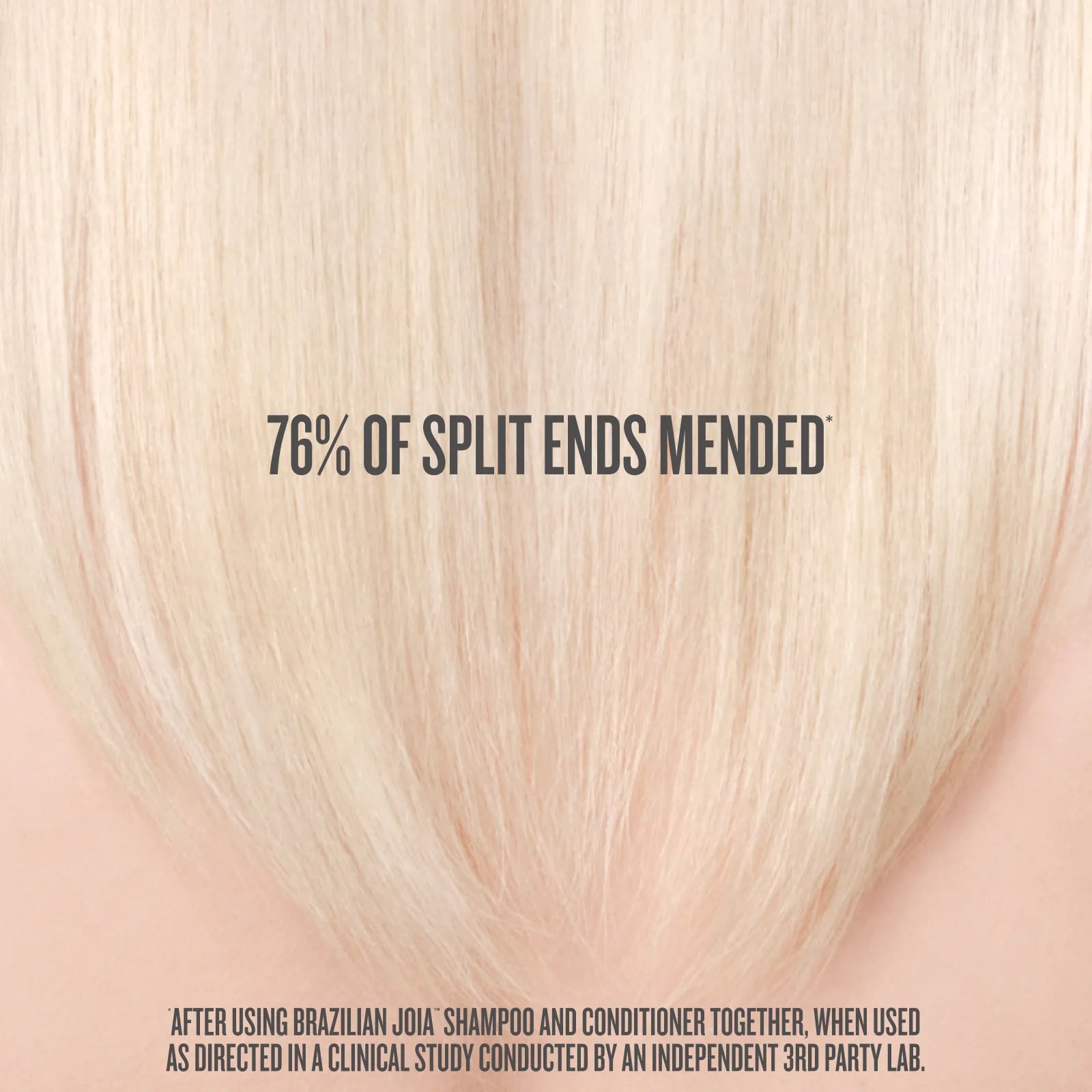 Blonde hair with text indicating split end repair percentage, on a light pink background.