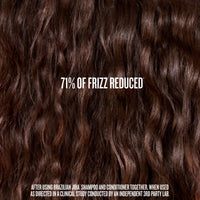 Close-up of curly brown hair with text indicating 71% frizz reduction, set against a dark brown background.