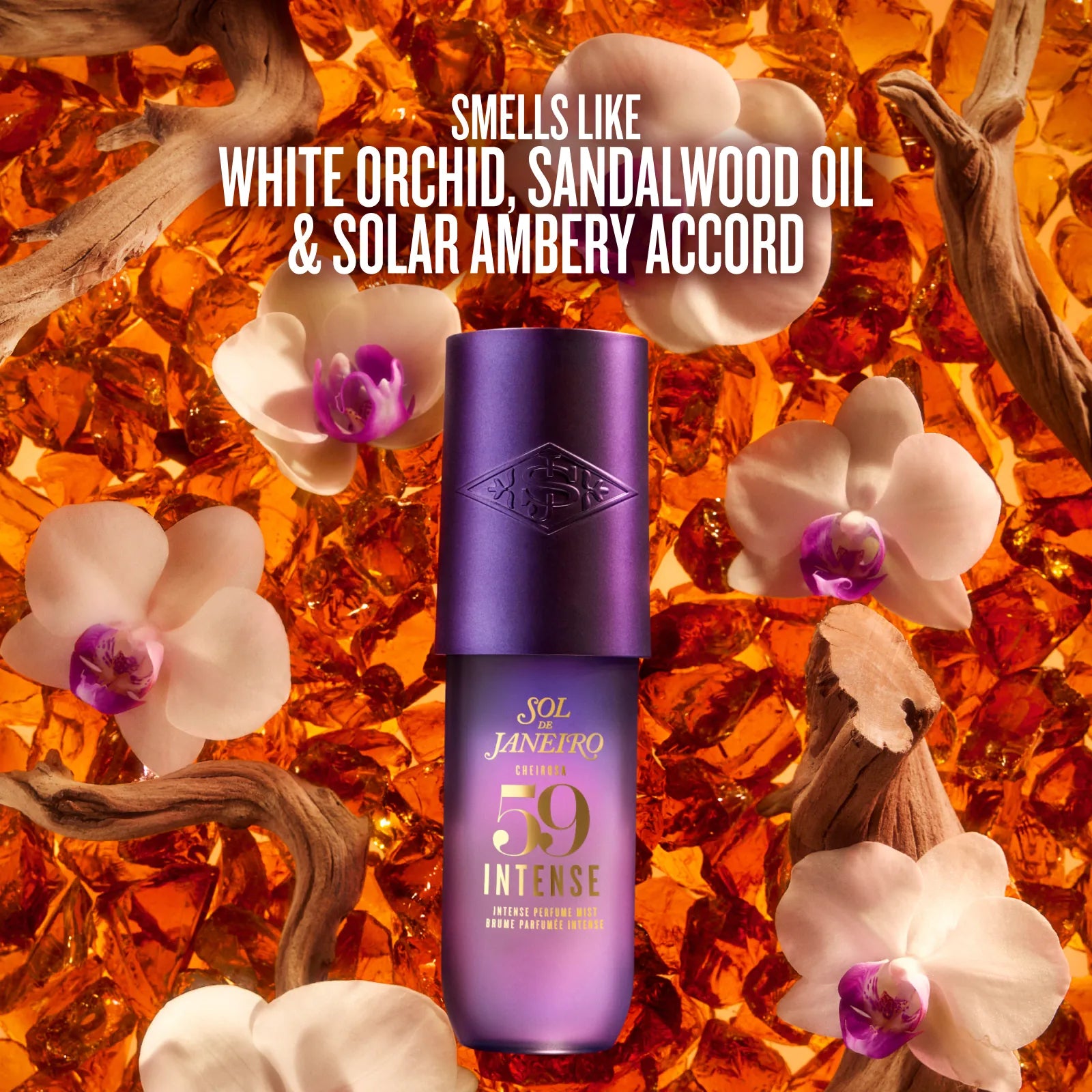 A purple bottle of Sol Janeiro SPF 59 Intense sunscreen centered against a warm orange background of amber glass, white orchids, and driftwood. White text at the top reads: &