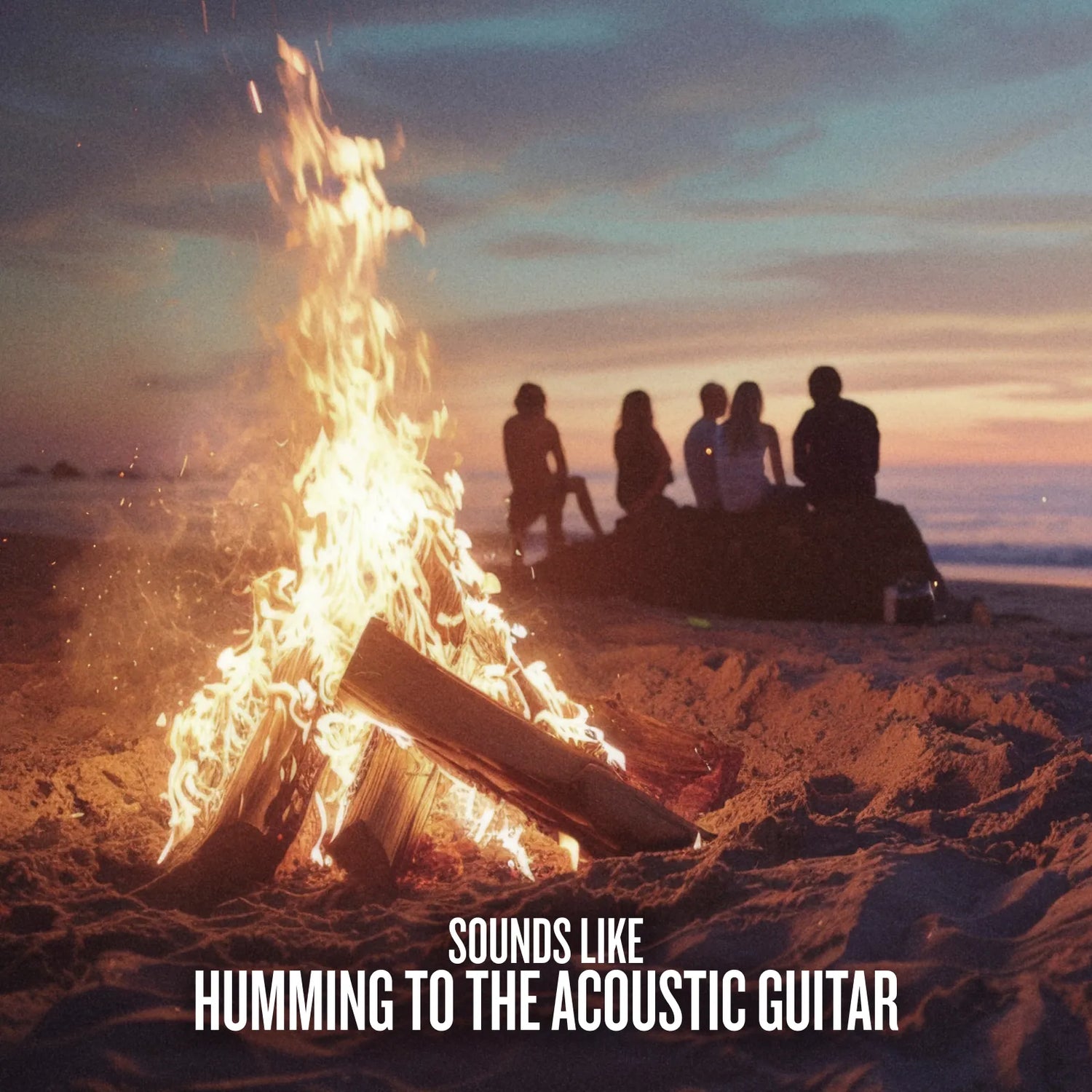 A campfire burns brightly on a beach at sunset, with several people sitting in the sand in the background. White text at the bottom reads, &