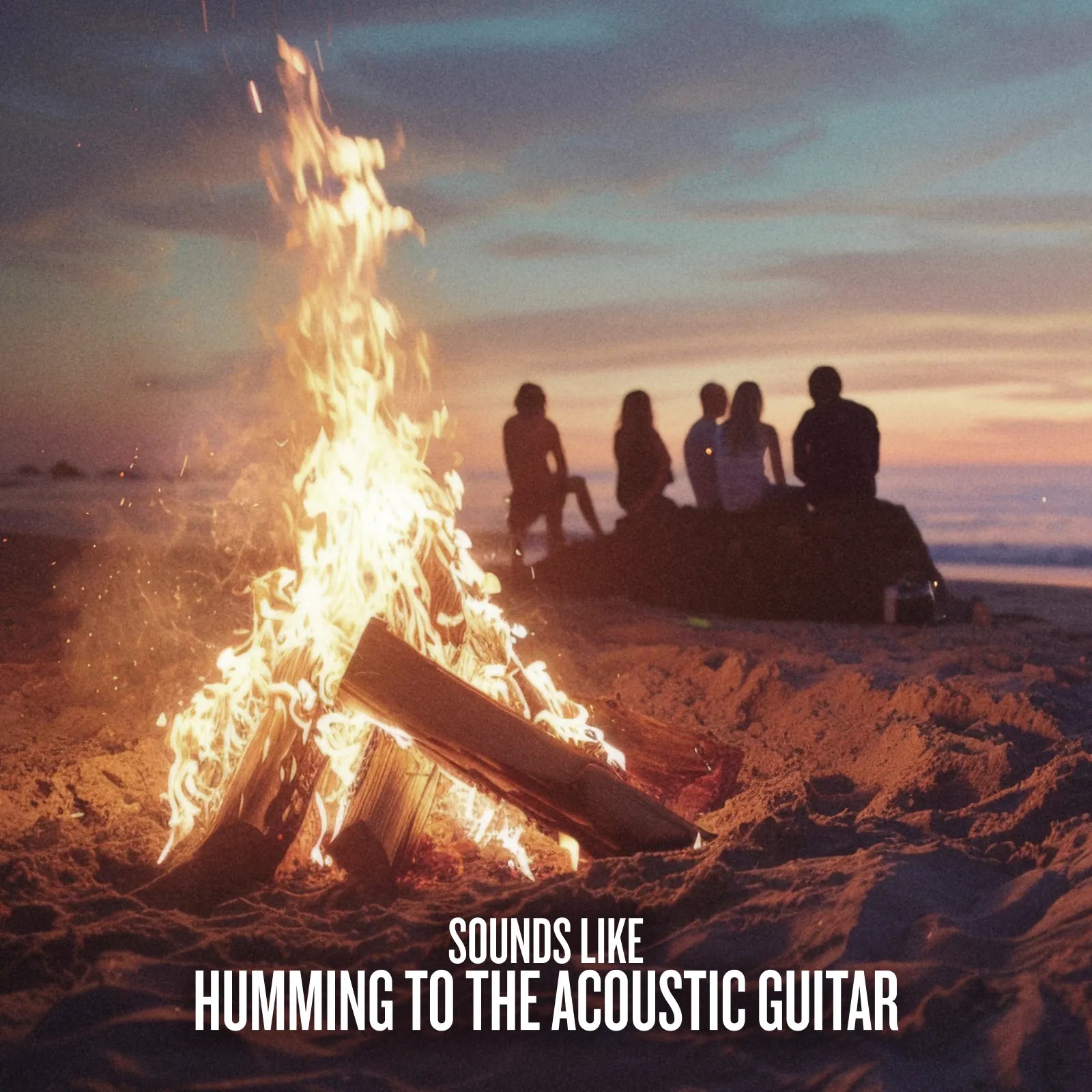 A campfire burns brightly on a beach at sunset, with several people sitting in the sand in the background. White text at the bottom reads, &