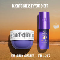 Two Sol de Janeiro body care products shown against a sunset beach background: a purple jar labeled 'Delicia Drench Body Butter' and a matching purple spray bottle labeled 'Sol de Janeiro Body Spray 59 Intense.' Text at the top reads 'LAYER TO INTENSIFY YOUR SCENT,' and text at the bottom says 'STEP 1: DEEPLY MOISTURIZE' and 'STEP 2: SPRITZ.