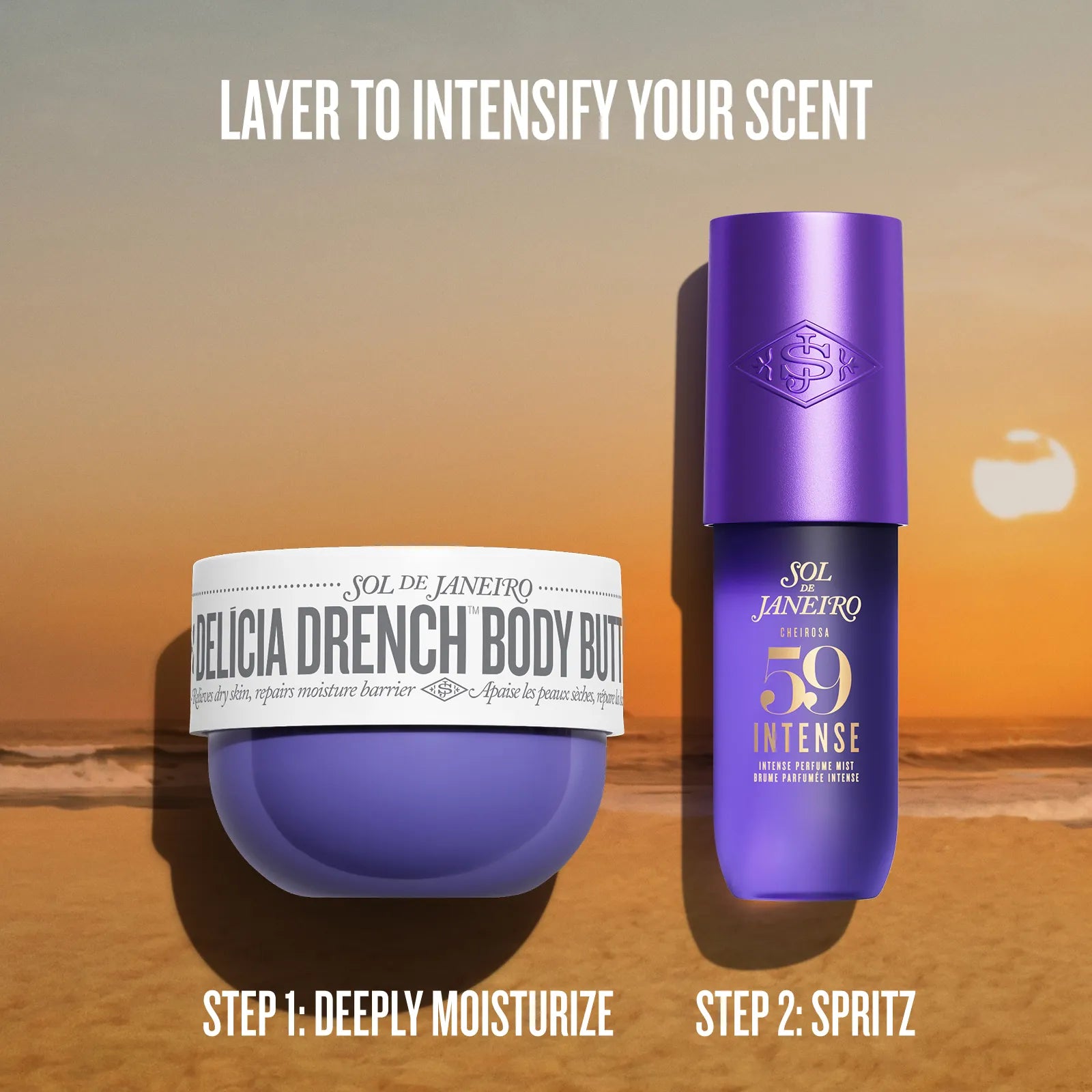 Two Sol de Janeiro body care products shown against a sunset beach background: a purple jar labeled &