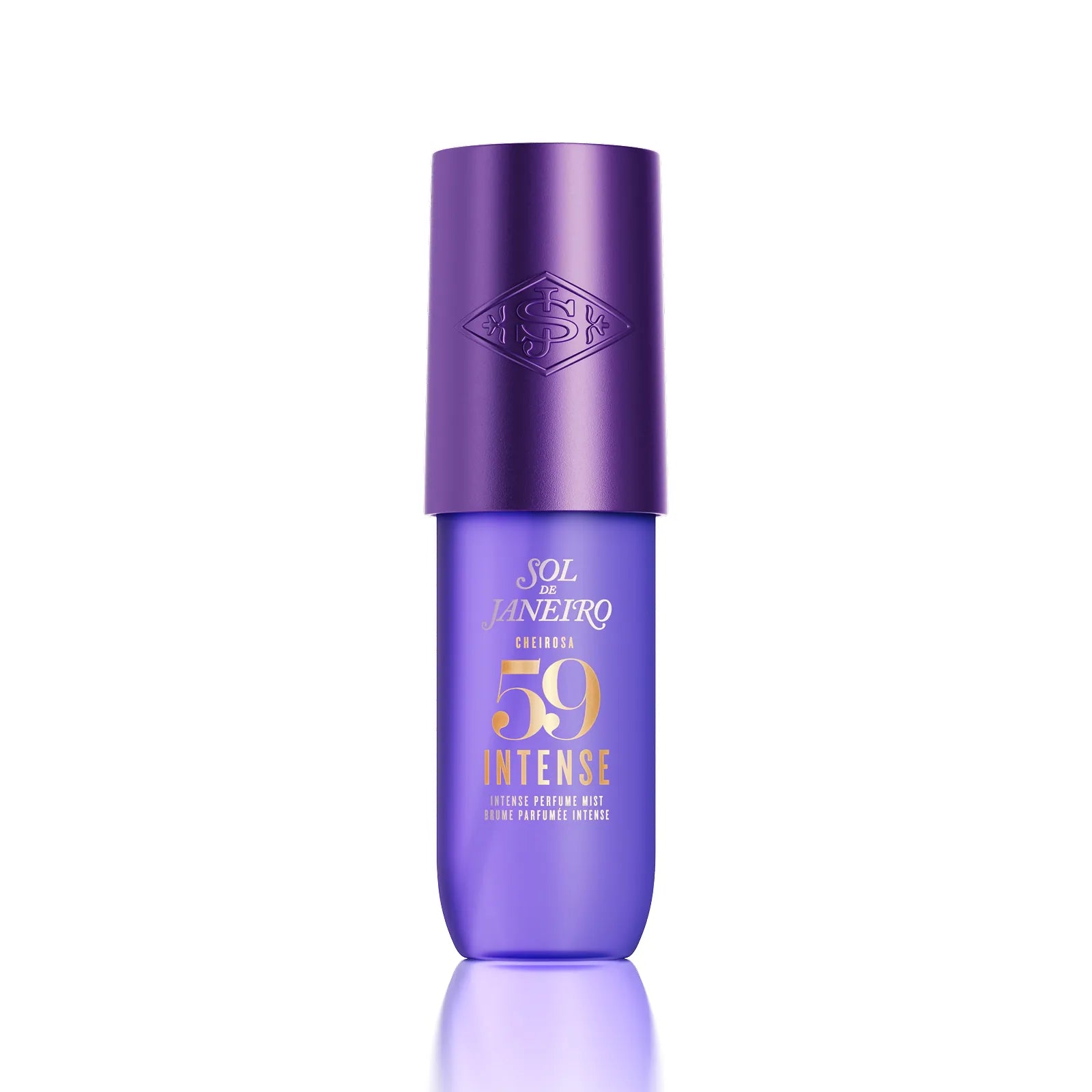 A bottle of Sol de Janeiro Intense 59 sunscreen in a vibrant purple color, featuring a metallic purple cap with the brand logo, set against a clean white background with a subtle reflection.