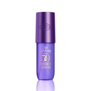 A bottle of Sol de Janeiro Intense 59 sunscreen in a vibrant purple color, featuring a metallic purple cap with the brand logo, set against a clean white background with a subtle reflection.