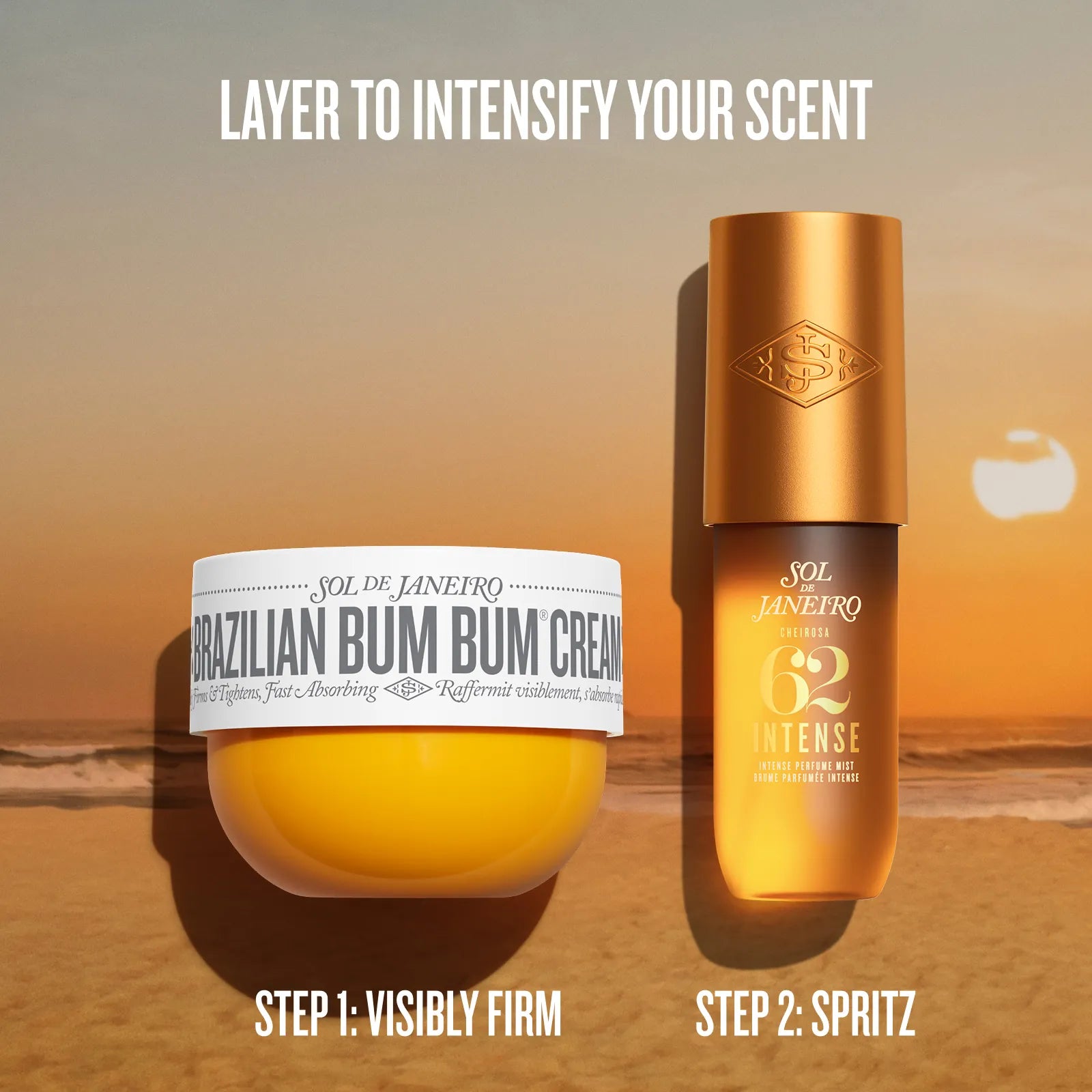 Two Sol de Janeiro skincare products on a beach sunset background: a white-labeled jar of Brazilian Bum Bum Cream labeled Step 1: Visibly Firm, and a metallic gold spray bottle labeled Step 2: Spritz. Text at the top reads &