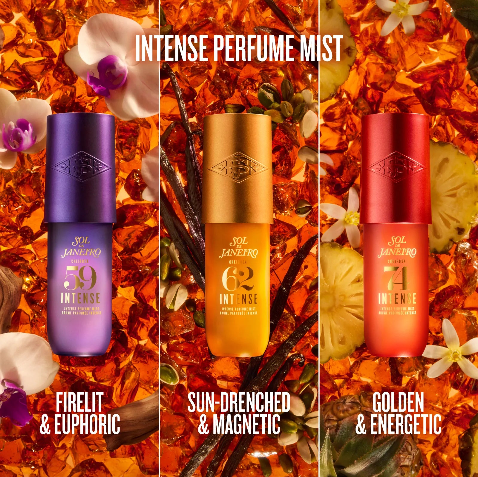 Three cylindrical perfume mist bottles from Sol Janiero are shown side by side against a rich background of orange flower petals, vanilla beans, and white orchids. The bottles are labeled 'INTENSE PERFUME MIST' and feature three different metallic colors: purple, gold, and red.