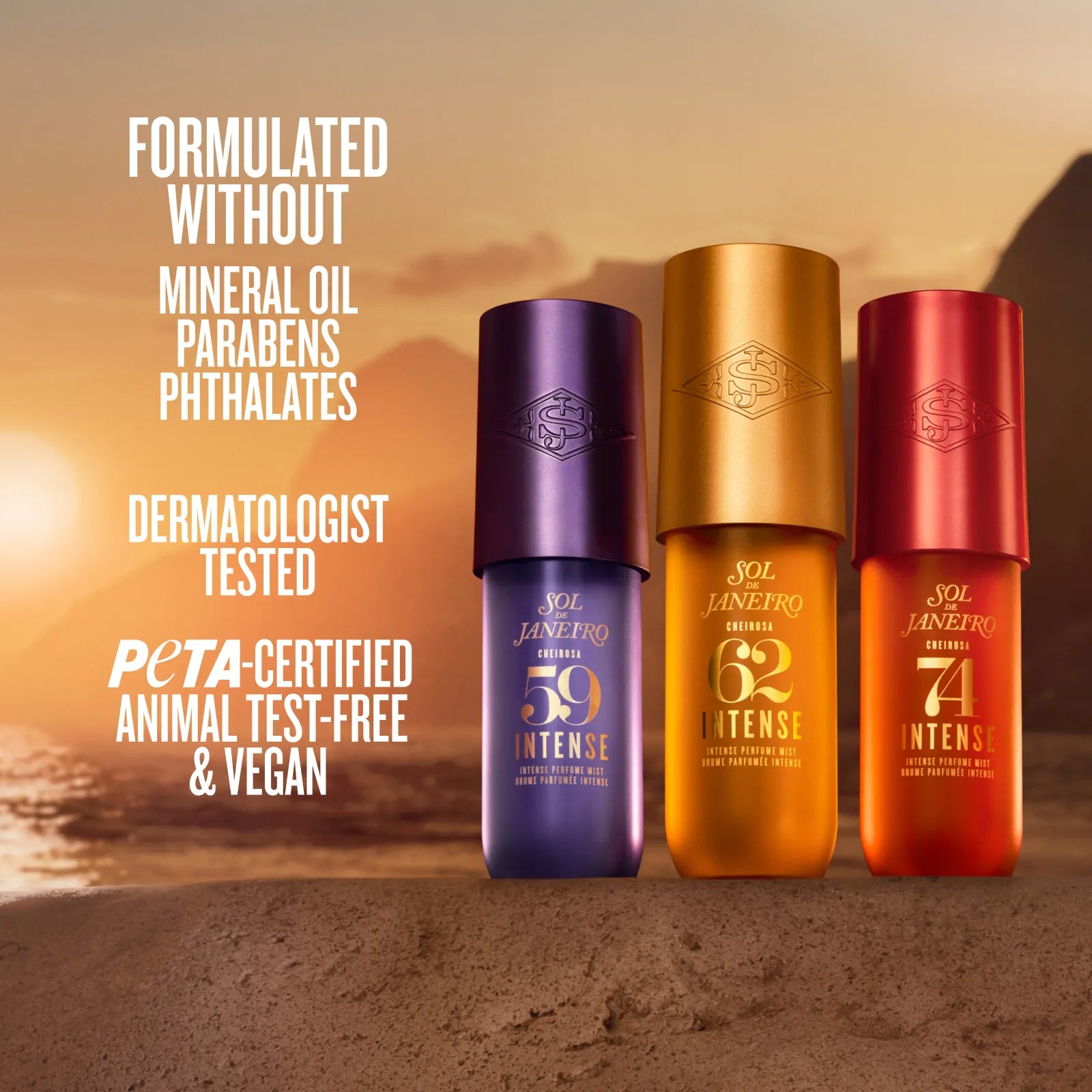 Three Sol Janiero Original Intense sunscreen bottles (59, 62, and 74) in purple, gold, and red packaging, set against a warm sunset beach background with promotional text on the left.