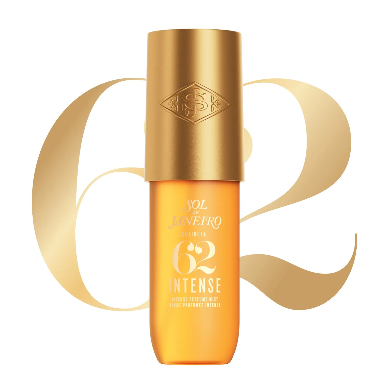 Sol Janeiro Cellulite 62 Intense Ultra-Fine Peeling Mask in a golden orange bottle with a metallic gold cap, set against a white background with a large gold stylized &