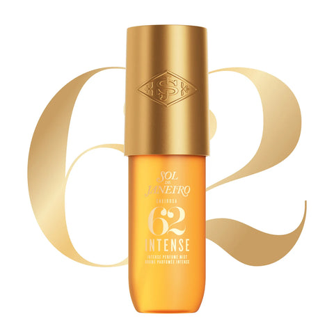 Sol Janeiro Cellulite 62 Intense Ultra-Fine Peeling Mask in a golden orange bottle with a metallic gold cap, set against a white background with a large gold stylized '62' graphic.