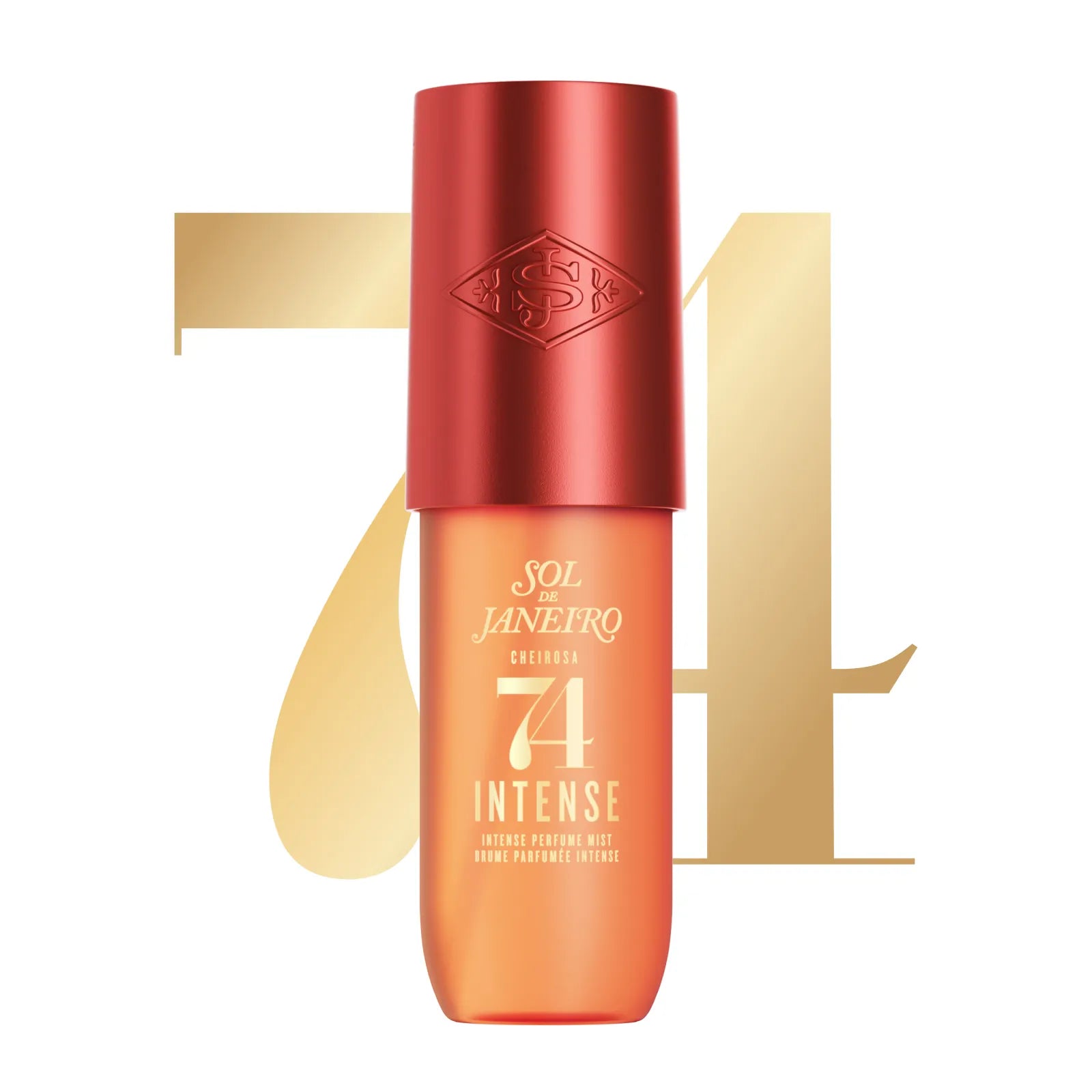 A bottle of Sol de Janeiro Cleio Care 74 Intense Natural Moisturizing Cream against a white background with a large gold &