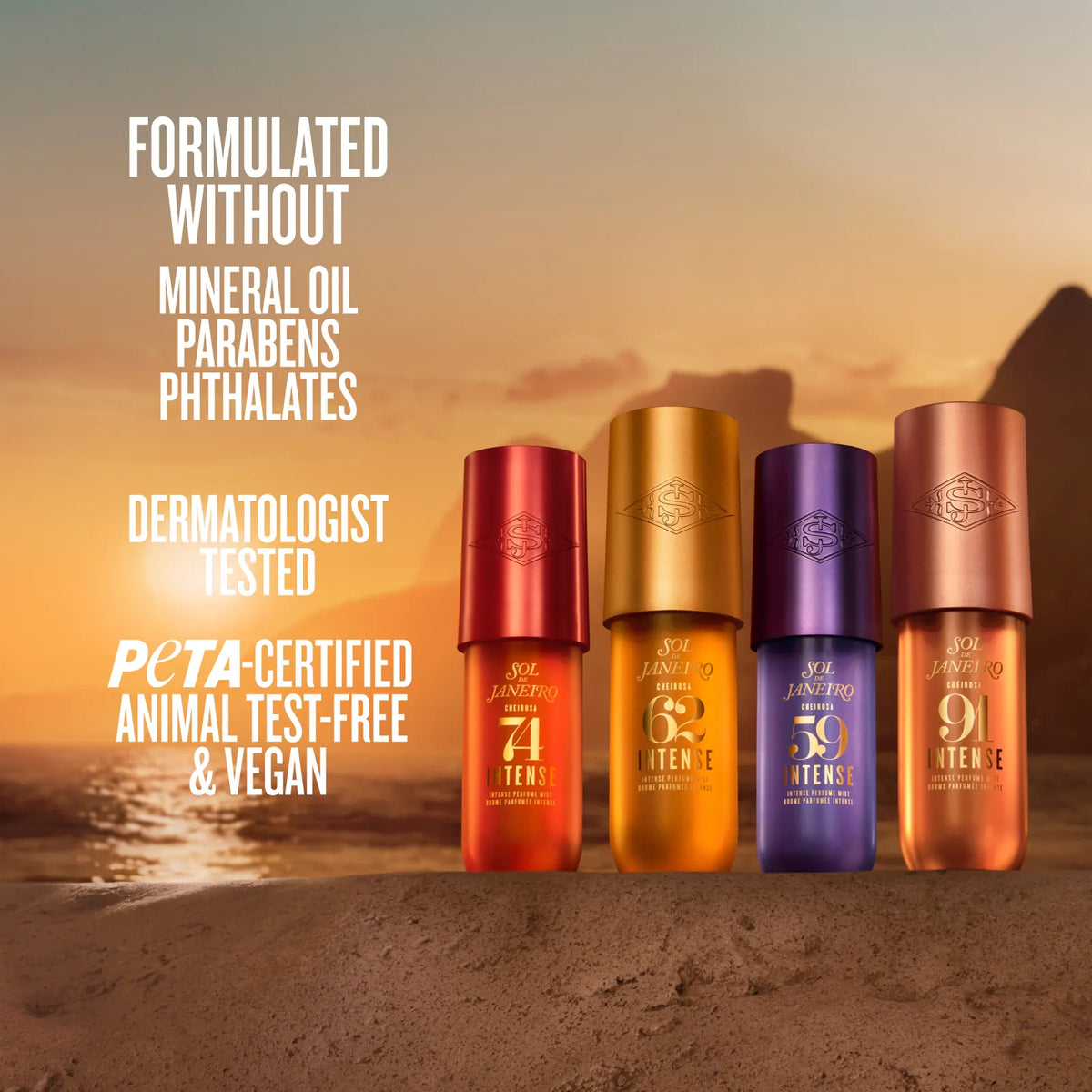 Four bottles of Sol de Janeiro Intense Perfume Mist standing on a sandy beach at sunset, with large marketing text on the left. The bottles have metallic red, gold, purple, and rose-gold caps.