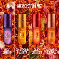 Four bottles of Sol de Janeiro Intense perfume mist in 59, 62, 71, and 91 are shown in a vertical four-panel layout with floral and spice imagery. Text at the top reads 'INTENSE PERFUME MIST' and the bottom labels describe the scents: Firelit & Euphoric, Sun-Drenched & Magnetic, Golden & Energetic, and Captivating & Playful.