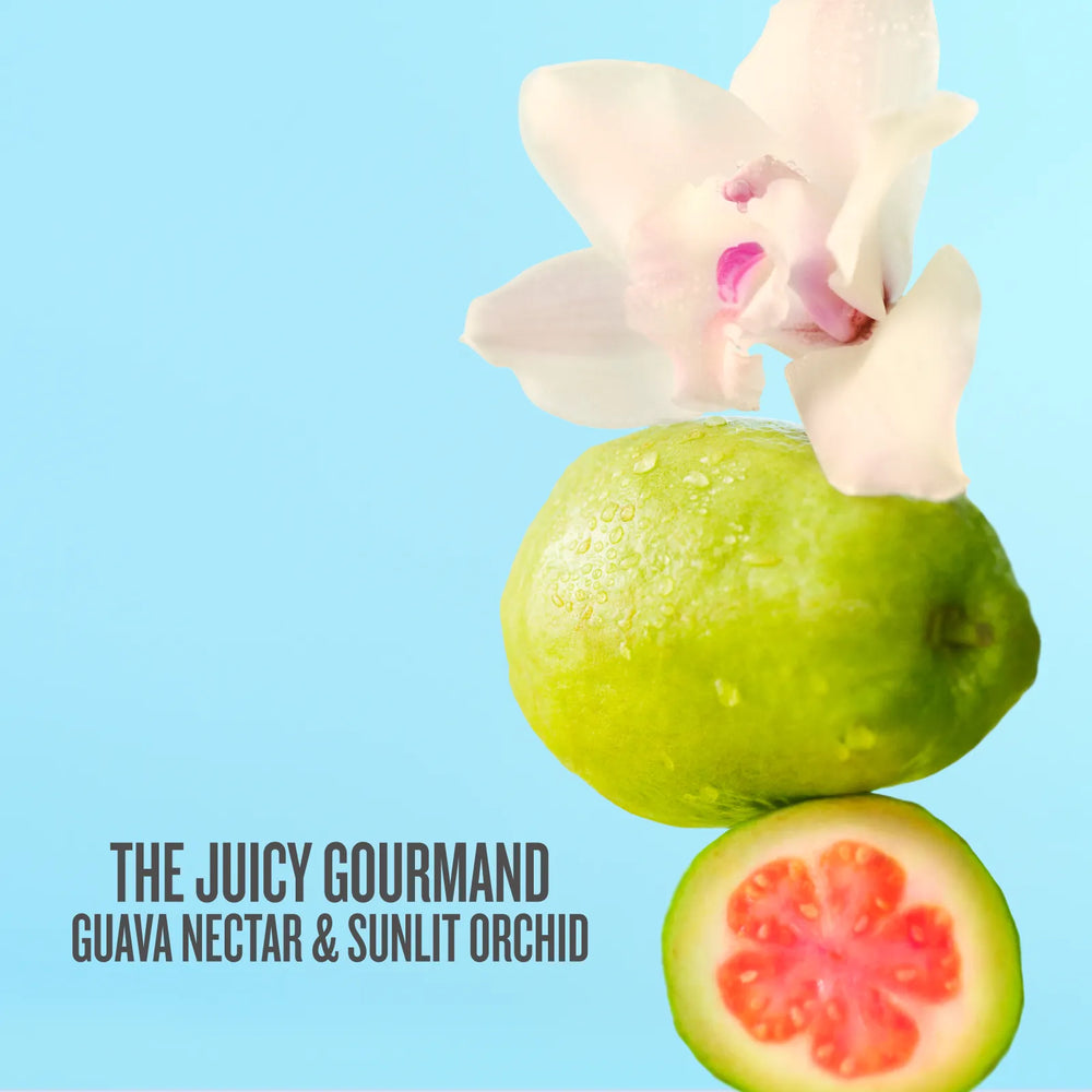 A styled graphic featuring a whole green guava, a sliced half showing pink-red pulp, a white orchid flower, and text reading 'THE JUICY GOURMAND GUAVA NECTAR & SUNLIT ORCHID' on a light blue background.