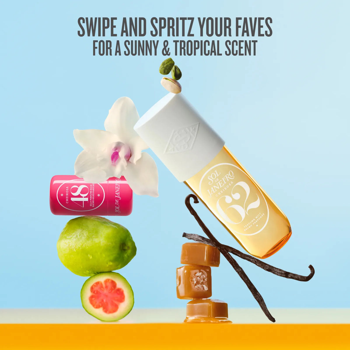 A promotional product graphic for SZA Aesthetic Beauty products. The main item is a clear bottle filled with golden-yellow liquid, shown tilted with a white cap, alongside a pink cylindrical item, a white orchid flower, a lime, a cut pink grapefruit, vanilla beans, and caramel cubes.