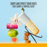A promotional product graphic for SZA Aesthetic Beauty products. The main item is a clear bottle filled with golden-yellow liquid, shown tilted with a white cap, alongside a pink cylindrical item, a white orchid flower, a lime, a cut pink grapefruit, vanilla beans, and caramel cubes.