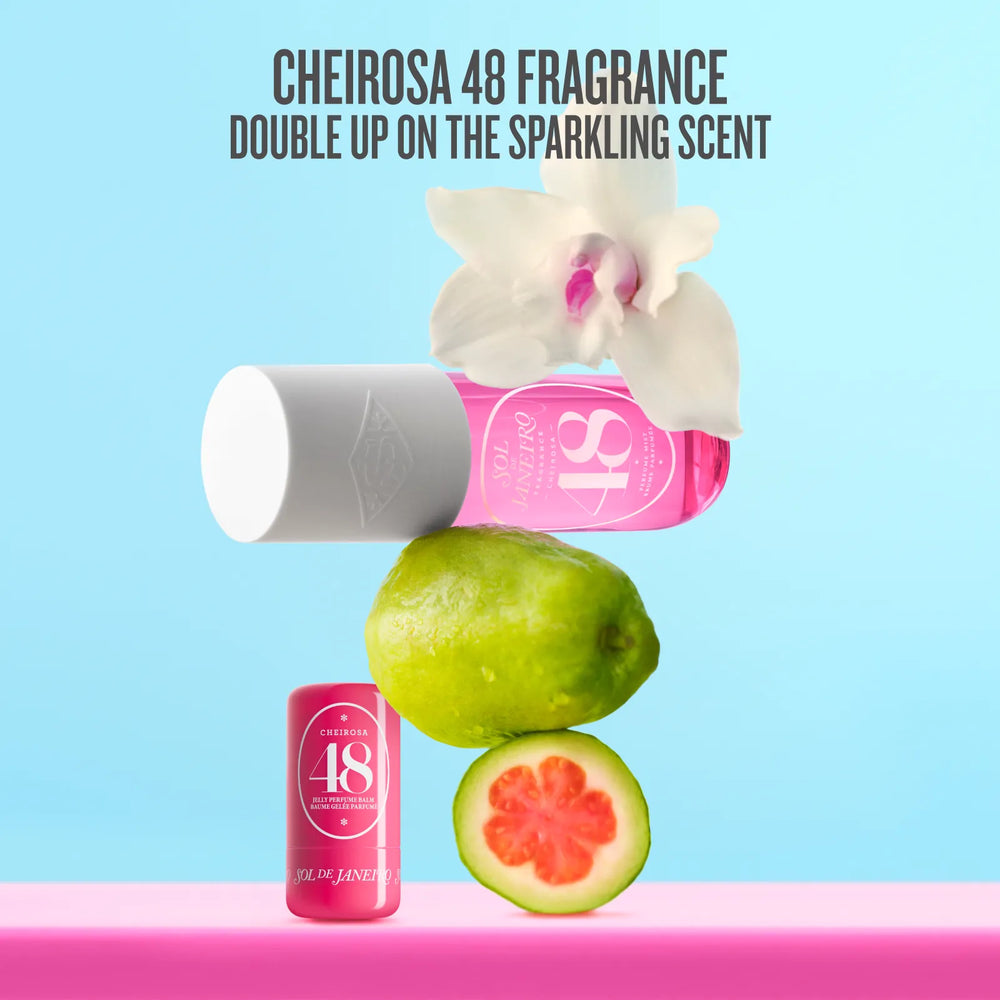 Cheirosa 48 Fragrance double up on the sparkling scent, featuring a pink roll-on bottle, a white cap, a pink can, a green lime, a cut pink grapefruit, and a white orchid on a light blue background with dark gray text.