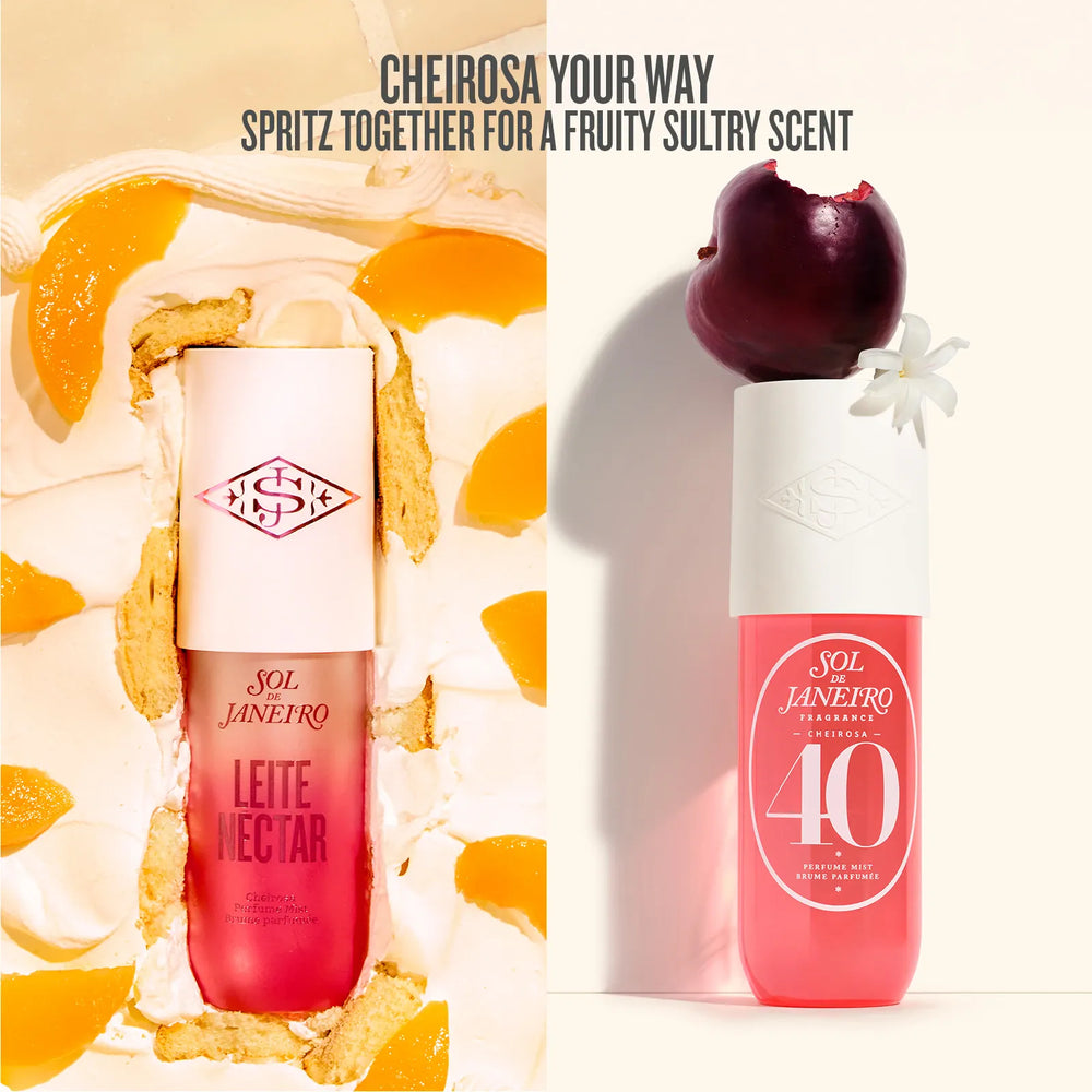 Two perfume bottles with fruit-themed packaging on a white background