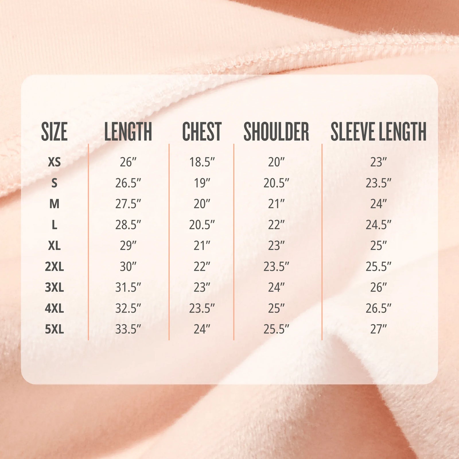 Size chart for clothing on a soft beige background