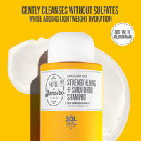 Shampoo bottle with Sol de Janeiro label on a yellow background