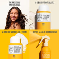 Hair care product set with a woman and hair products on a yellow background