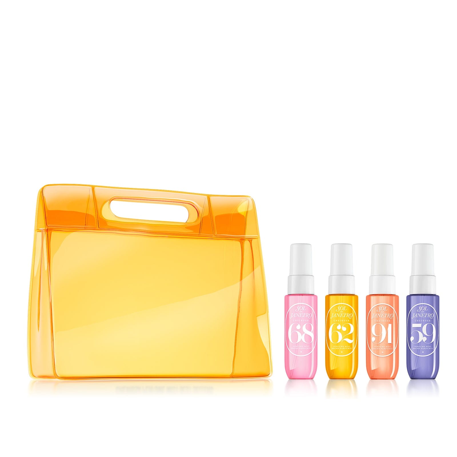 Yellow transparent bag with four colorful spray bottles on a white background