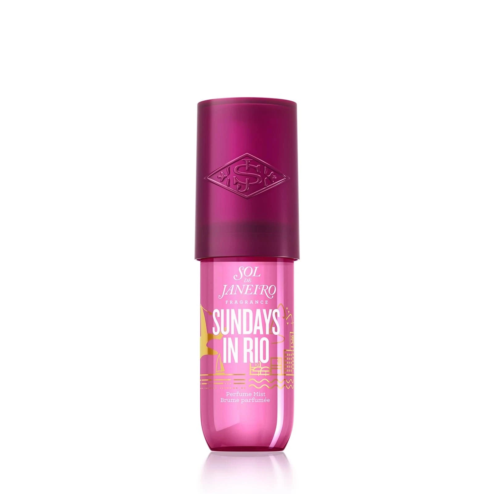 Pink bottle with 'Sundays in Rio' text on a white background