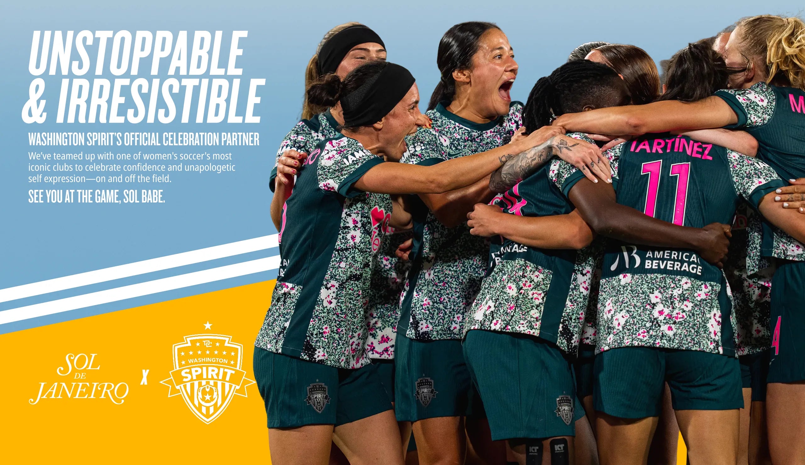 Group of women in sports uniforms celebrating with a promotional banner in the background.