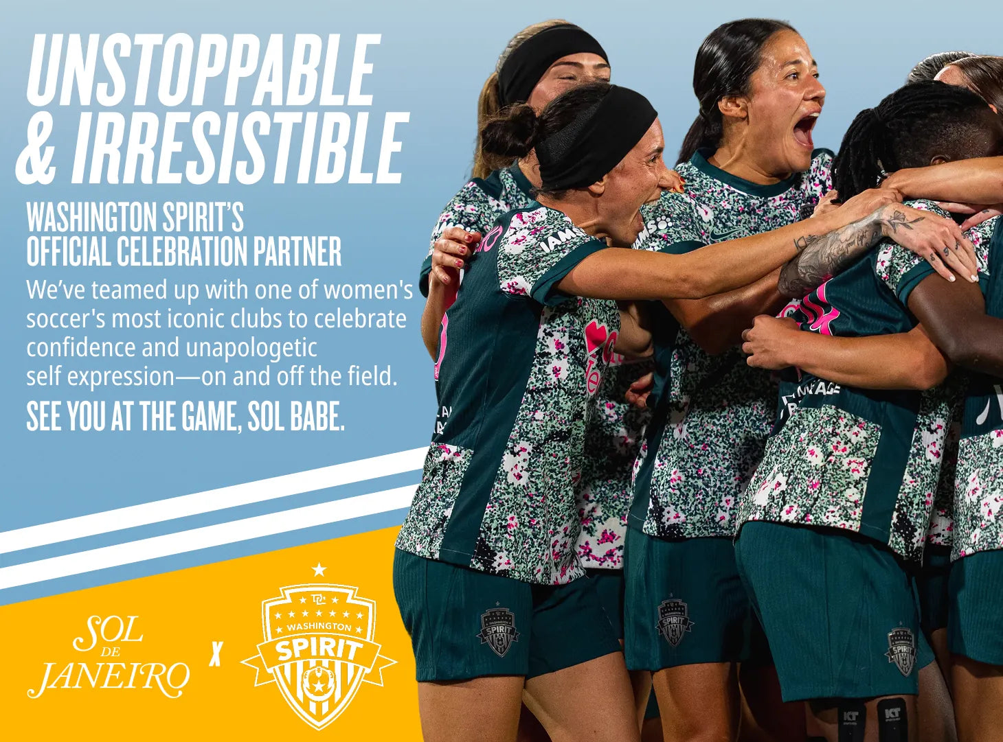 Group of women in sports jerseys celebrating with text about Washington Spirit and SOL Janeiro.