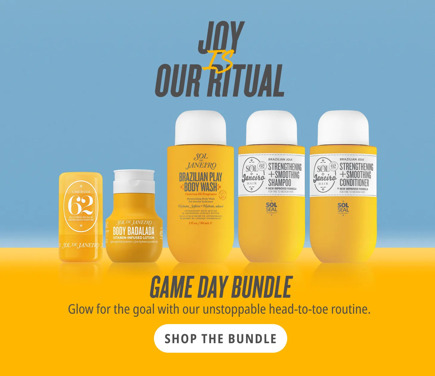 Beverage bottles with labels on a blue and yellow background, featuring the brand 'Joy is Our Ritual'.