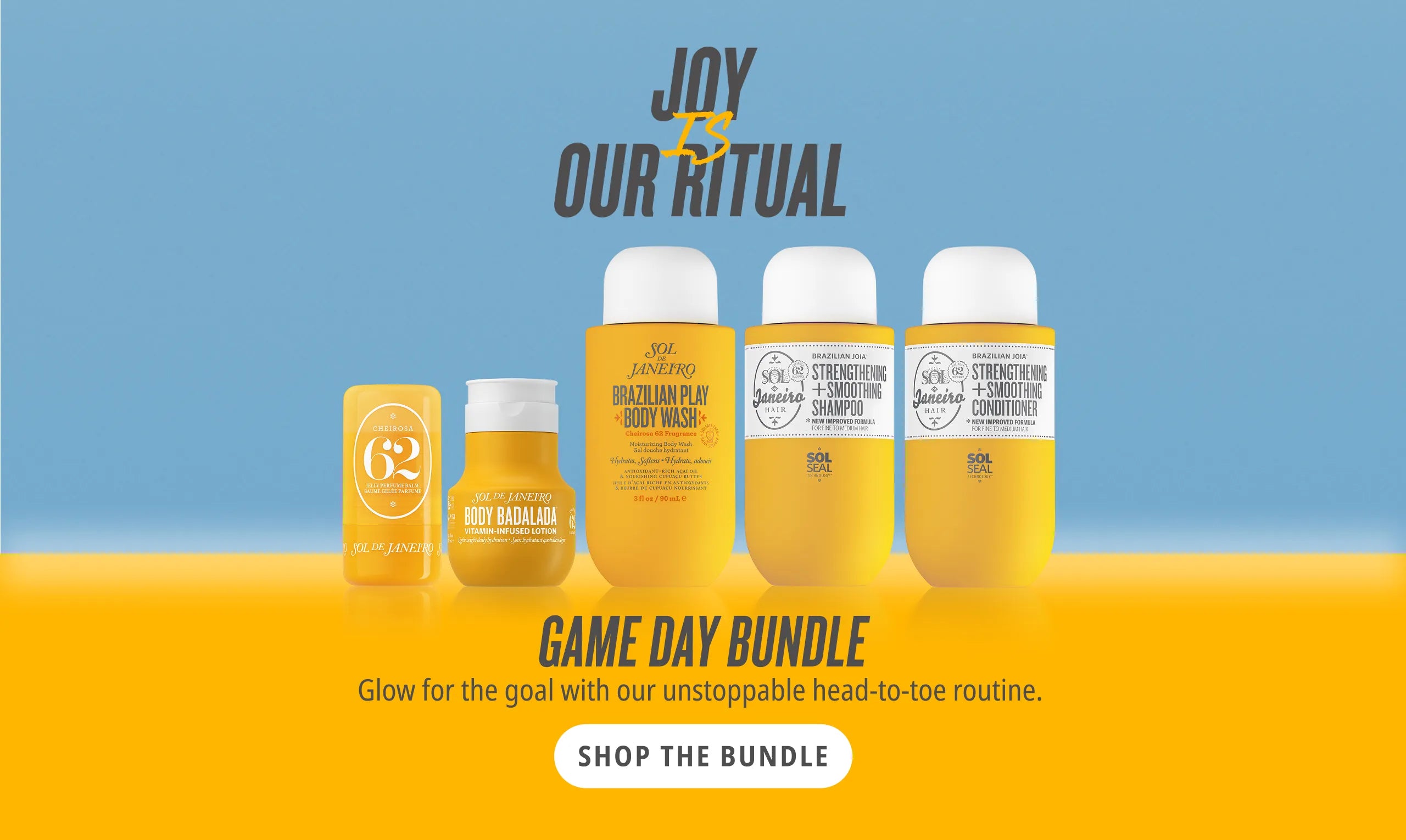 Beverage bottles with labels on a blue and yellow background, featuring the brand 'Joy is Our Ritual'.