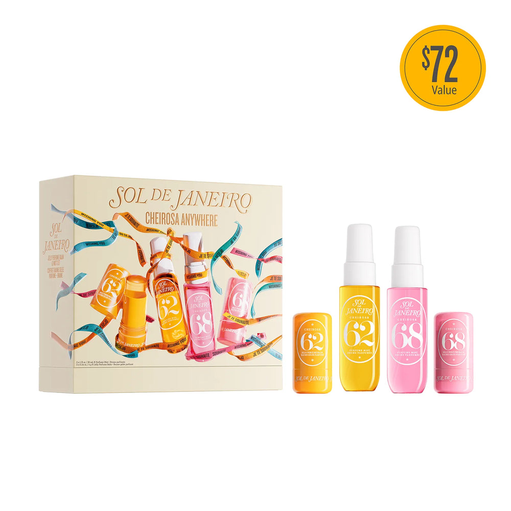 SOL DE LANEIRO Cheersa Anywhere gift set featuring a cream-colored illustrated box and four matching travel-sized bottles in yellow, orange, pink, and light pink, shown on a white background with a yellow '$72 Value' badge.