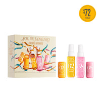 SOL DE LANEIRO Cheersa Anywhere gift set featuring a cream-colored illustrated box and four matching travel-sized bottles in yellow, orange, pink, and light pink, shown on a white background with a yellow '$72 Value' badge.