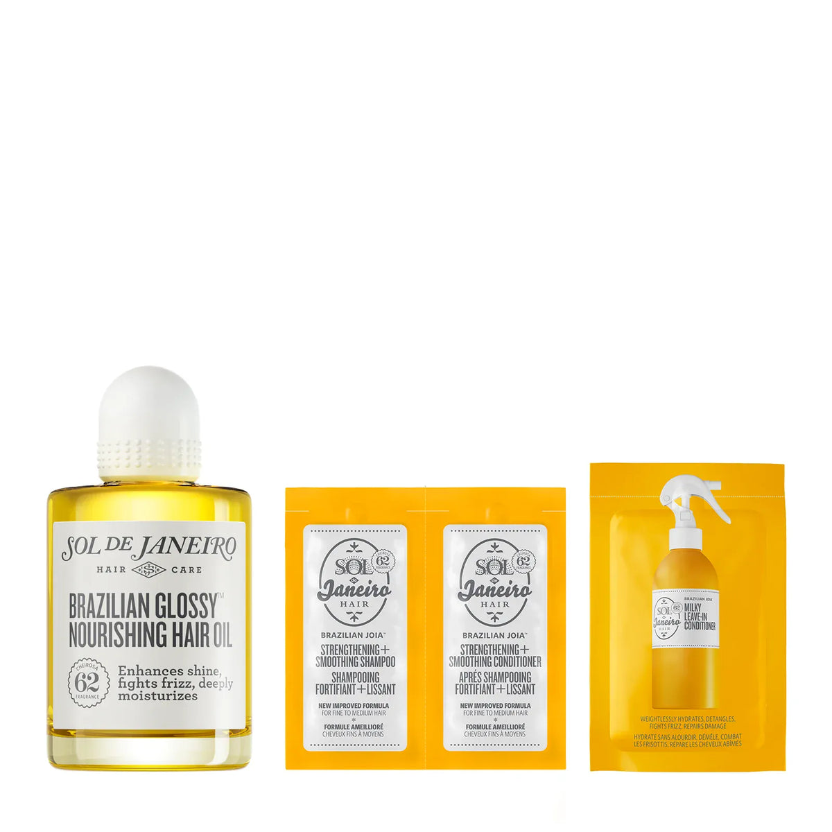 Sol de Janeiro hair care products including a bottle, box, and packet on a white background