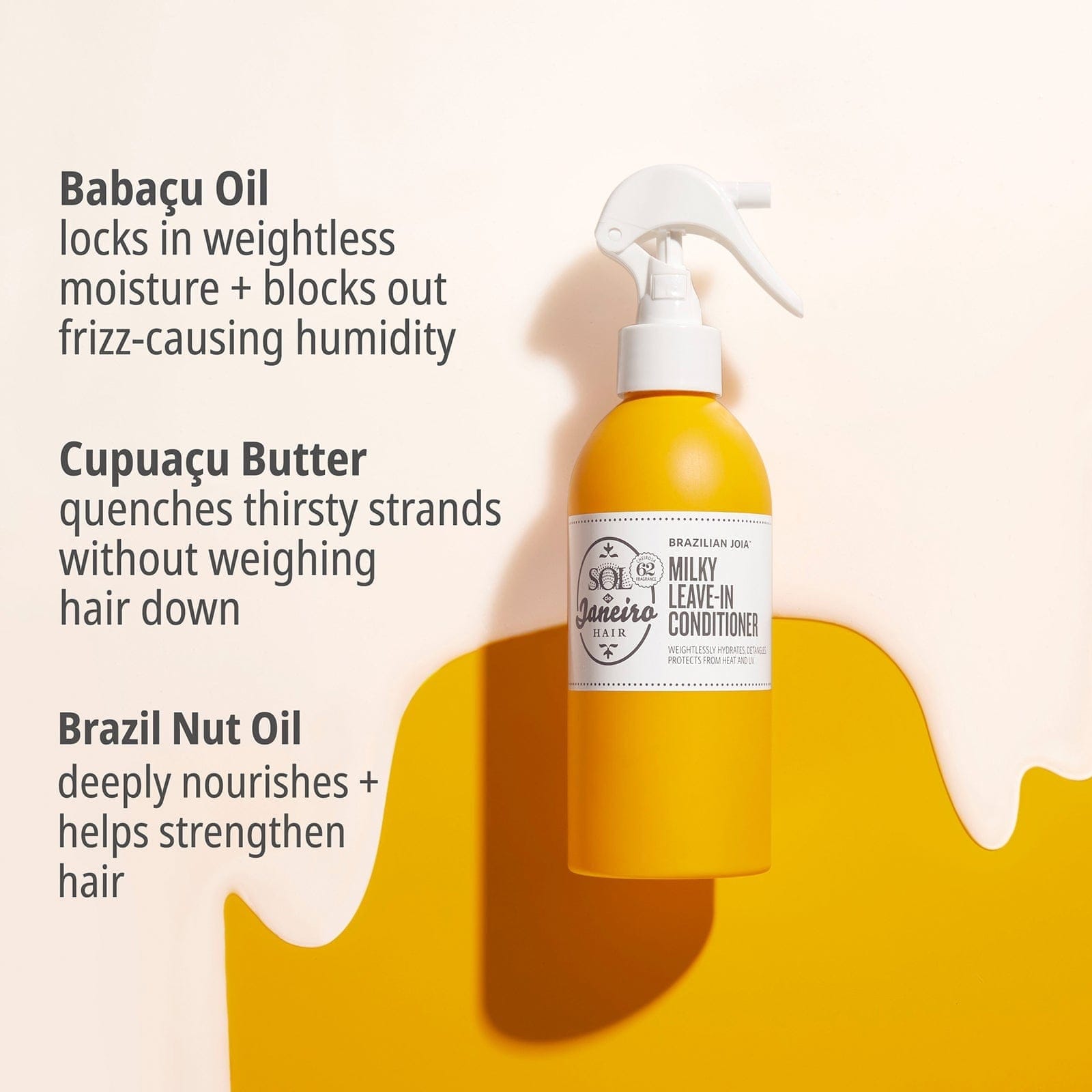Babacu oil locks in weightless moisture + blocks out frizz-causing humidity, cupuacu butter quenches thirsty strands without weighing hair down, brazil nut oil deeply nourishes + helps strengthen hair