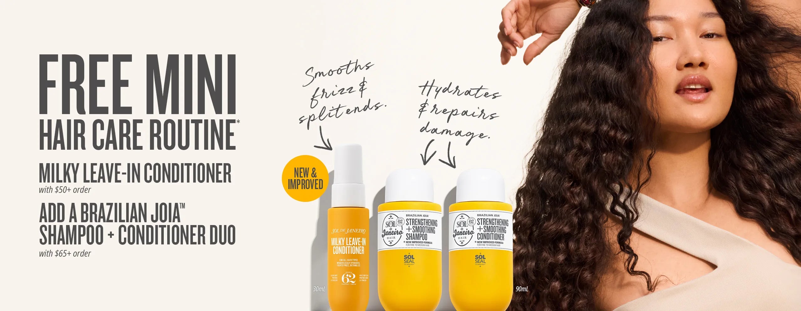 Hair care product advertisement with a woman using hair products and text about a free mini hair care routine.