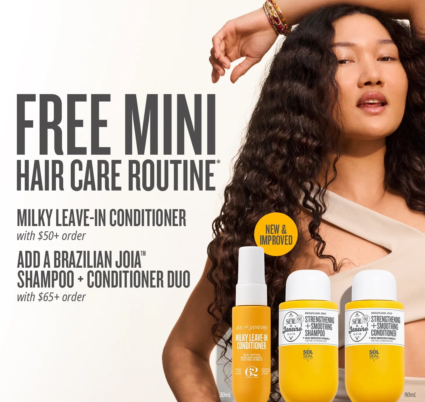 Promotional advertisement for Brazilian Joia hair care products with a woman and product bottles.