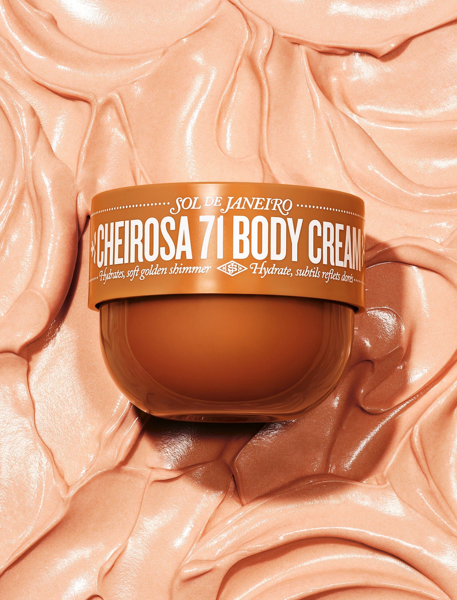 Jar of Sol de Janeiro Cherosa 71 Body Cream on a swatch of the product.