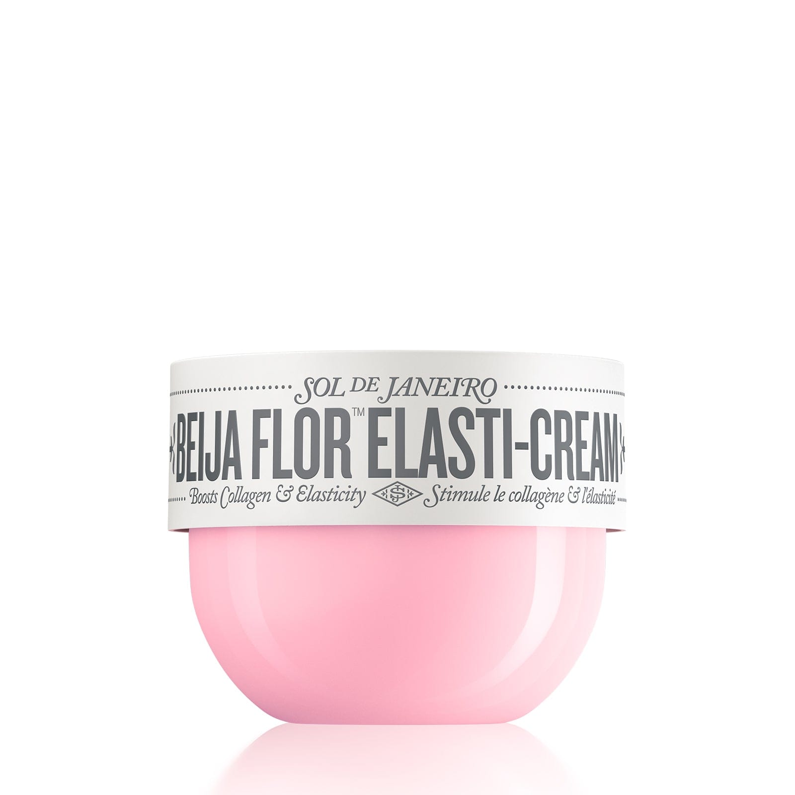 Pink jar of Sol de Janeiro Beija Flor Elasti-Cream on a white background 150ml render