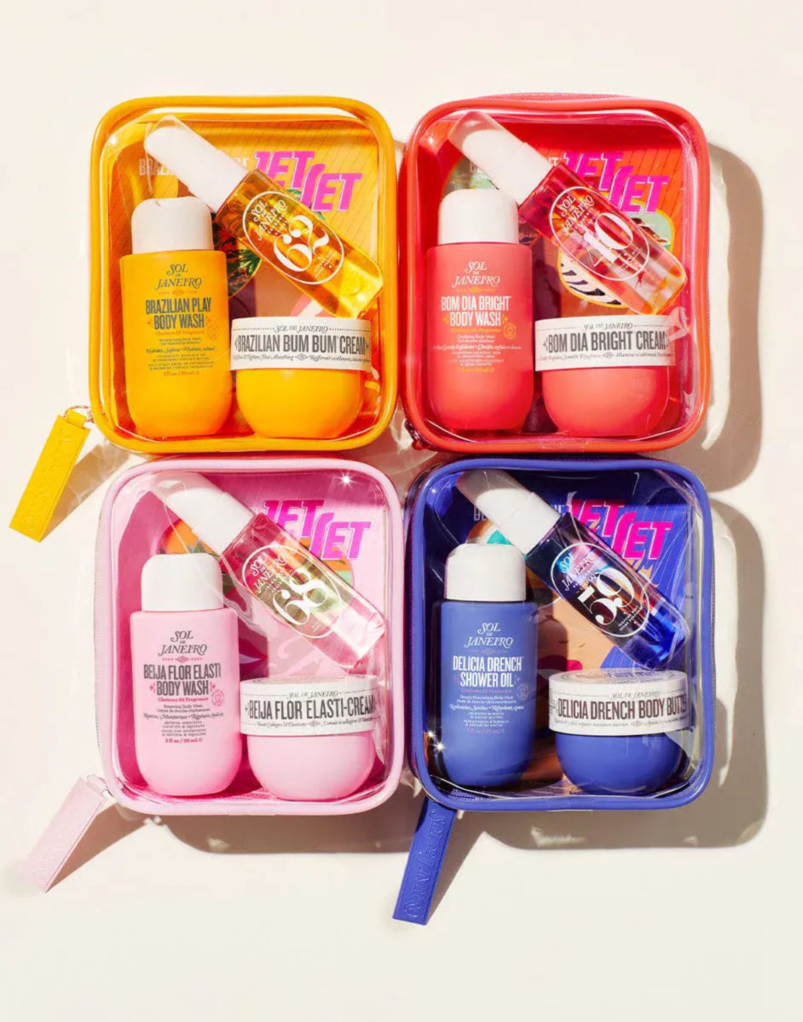 Collection of skincare and body care products in colorful cases on a white background