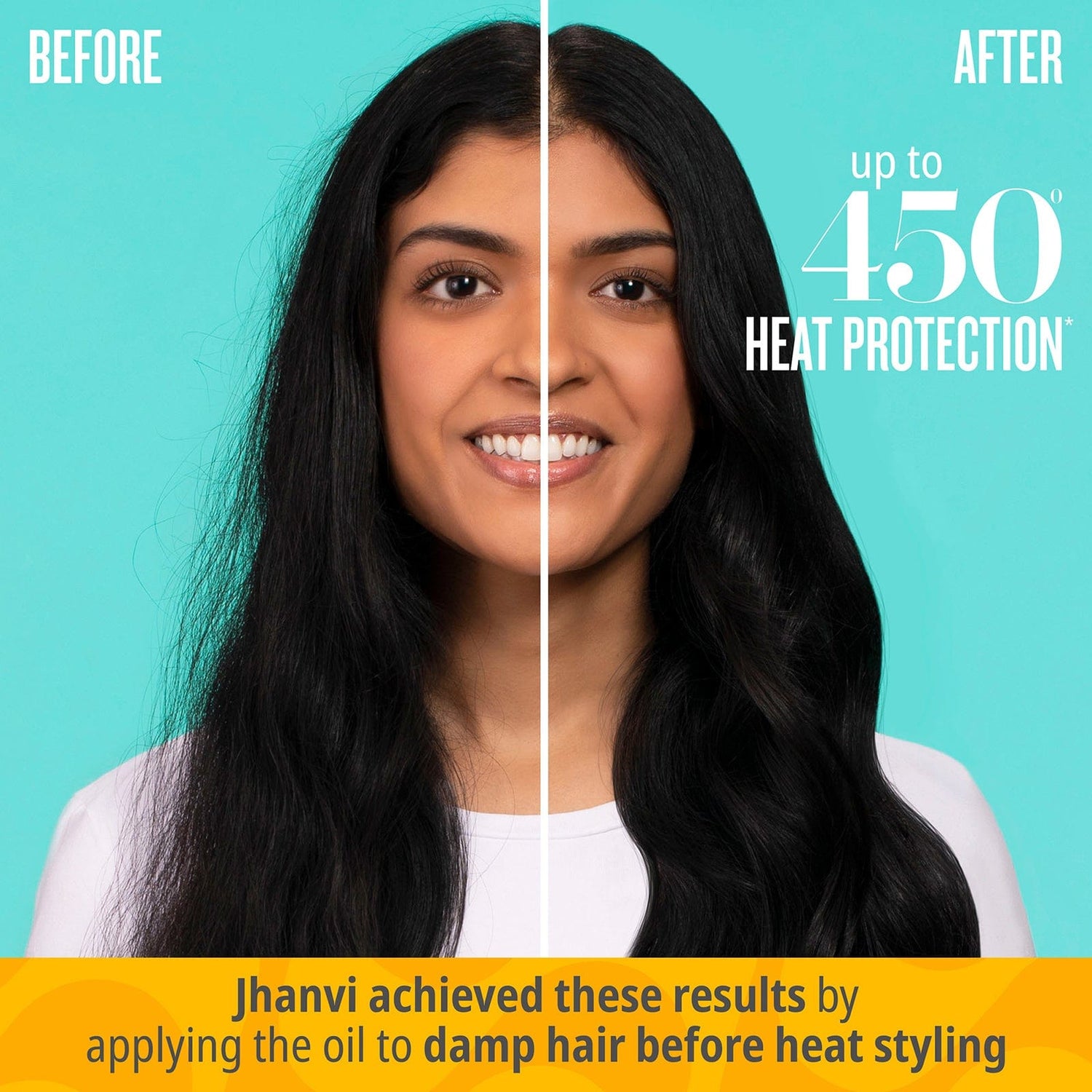 Before | After: up to 450 degree heat protection | Jhanvi achieved these results by applying the oil to her damp hair before heat styling