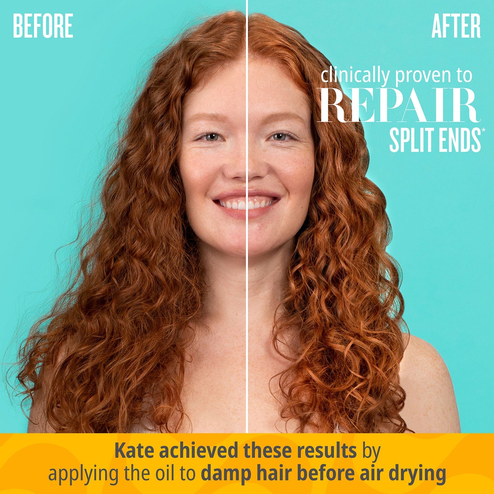 Before | After clinically proven to repair split ends | Kate achieved these results by applying the oil to damp hair before air drying