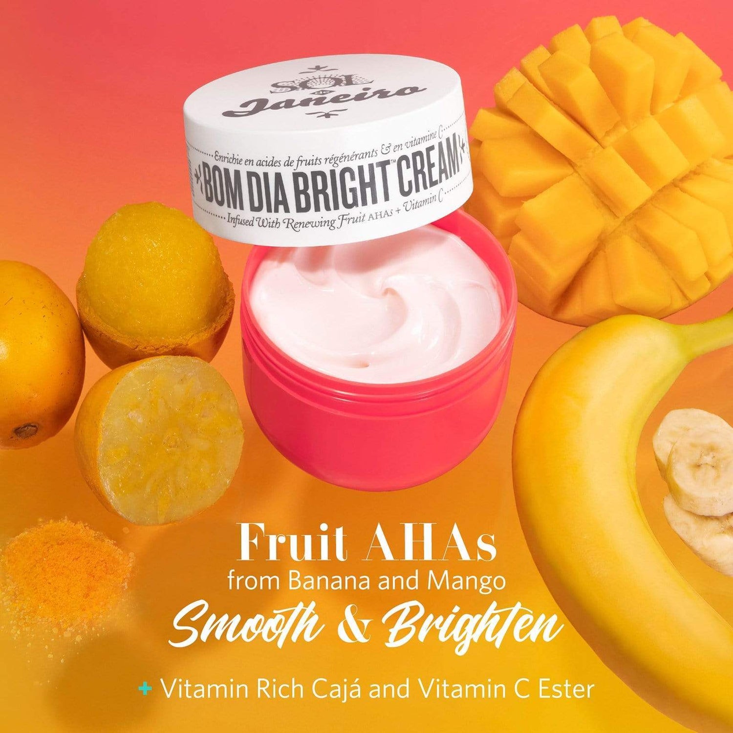 Benefits all over - Fruit AHAs from Banana and Mango smooth plus Vitamin C Ester visibly brightens