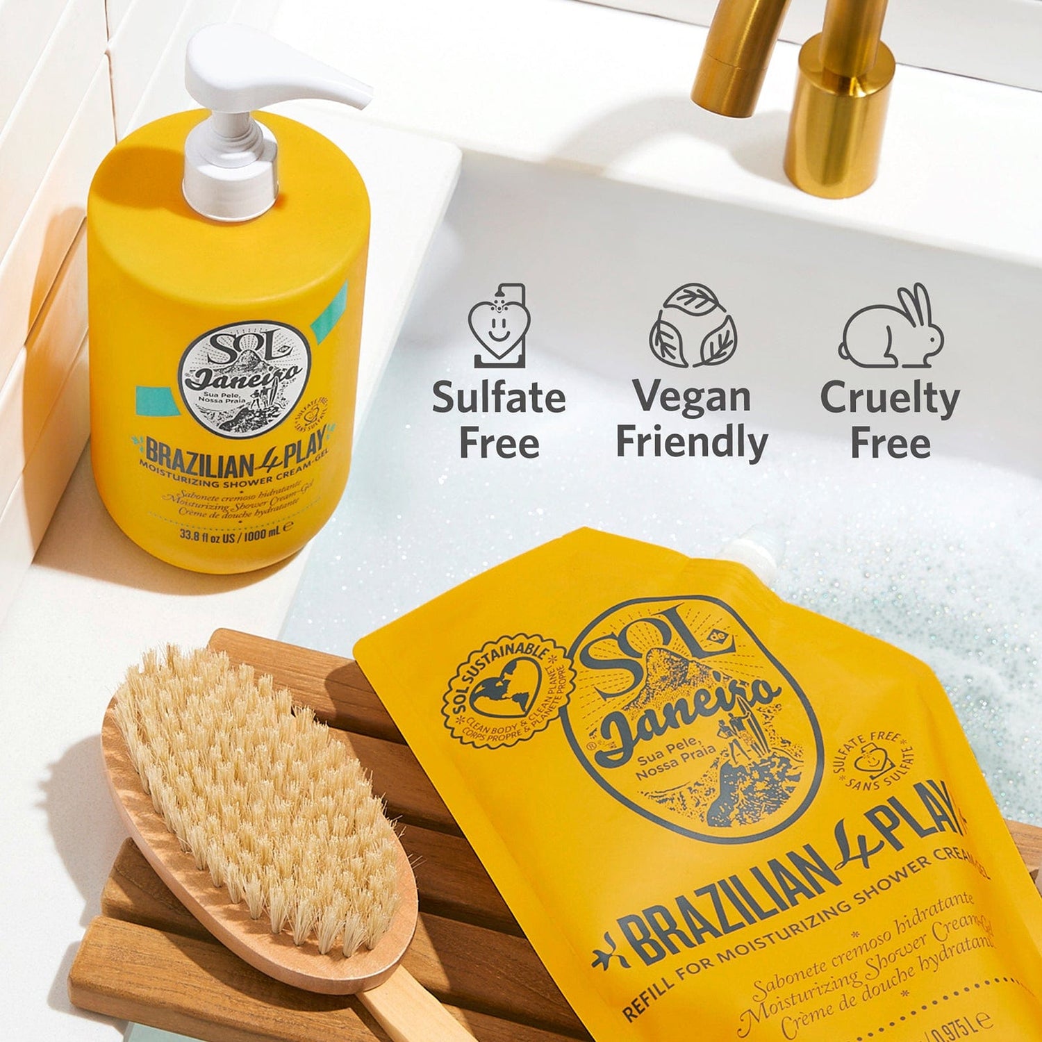 Sulfate Free Vegan friend Cruelty free |  Brazilian 4 Play Moisturizing Shower Cream-Gel 1 liter | Sol de janeiro