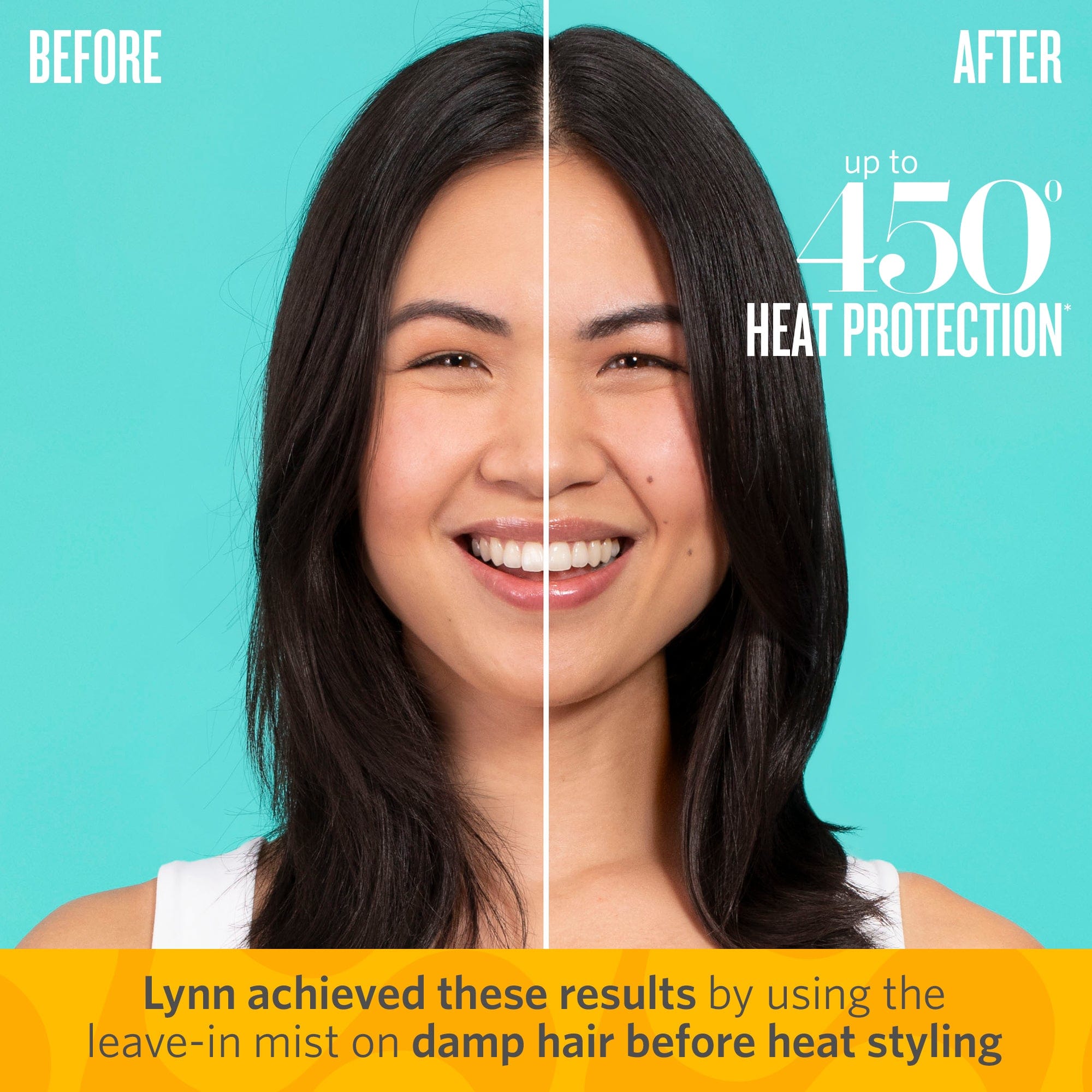 Before after | up to 450 degrees heat protection | Lynn achieved these results by using the leave-in mist on damp hair before heat styling