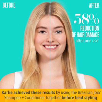 Before | After - 58% reduction of hair damage after one use | Karlie acheieved these results by using the Brazilian Joia™ Shampoo and Conditioner together before heat styling